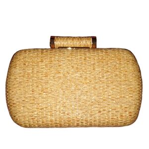 Tan Rattan Hard Case Clutch Purse Woven Wicker Handbag Crossbody Bag Long Chain